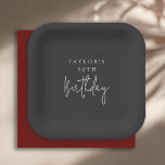 50th Birthday Simple Minimalist Flat Black Paper Plate<br><div class="desc">A simple minimal 50th birthday party plate to celebrate this important milestone event. The modern minimalist layout pairs a deep matte black background with refined ivory-beige typography—featuring a bold sans-serif paired with handwritten script for the word “Birthday.” All of the text may be edited as you wish. Plates are available...</div>