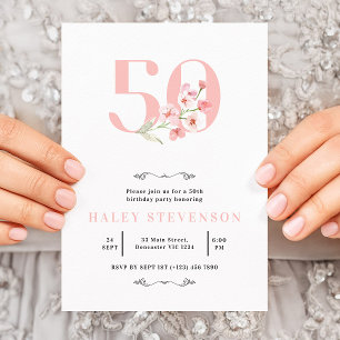 50th Birthday Simple Pink & White Floral Elegant Invitation