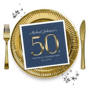 50th Birthday Solid Gold Typography Navy Blue Chic Napkin