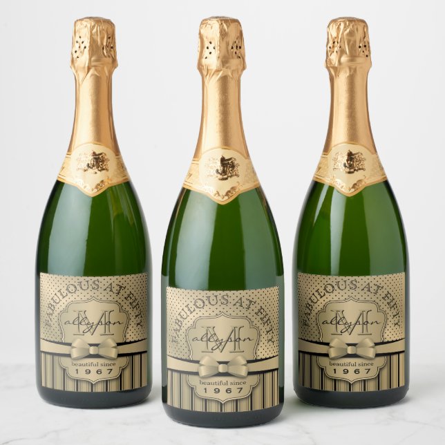 50th Birthday Sparkling Wine Gold Polka Dot Stripe Sparkling Wine Label (Bottles)