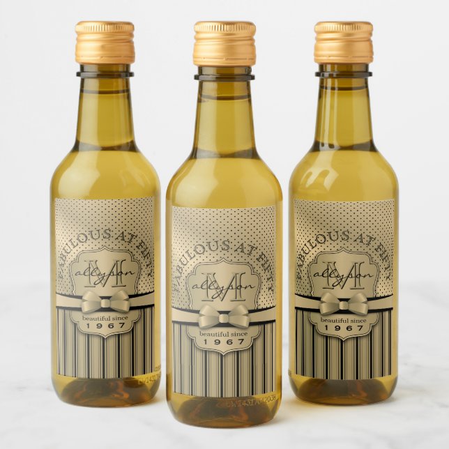 50th Birthday Sparkling Wine Gold Polka Dot Stripe Wine Label (Bottles)