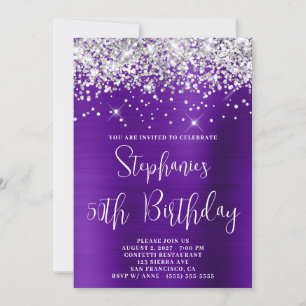 50th Birthday Sparkly Silver Glitter Purple Satin Invitation