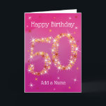 50th Birthday - Star Number - Pink - Age 50 Card<br><div class="desc">50th Birthday Card. 50 in Stars - Age Number - Fiftieth Birthday Card - Pink/Purple Background - Customizable Text. Pink/Purple card with stars number design - the number "50" created with yellow, red and white stars. Customizable text: on front of card: Happy Birthday and Add Your Name. Customizable text: inside...</div>