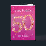 50th Birthday - Star Number - Pink - Age 50 Card<br><div class="desc">50th Birthday Card. 50 in Stars - Age Number - Fiftieth Birthday Card - Pink/Purple Background - Customizable Text. Pink/Purple card with stars number design - the number "50" created with yellow, red and white stars. Customizable text: on front of card: Happy Birthday and Add Your Name. Customizable text: inside...</div>