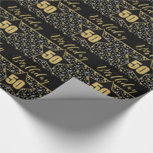 50th Birthday Star on Black with Silver Gold Wrapping Paper
