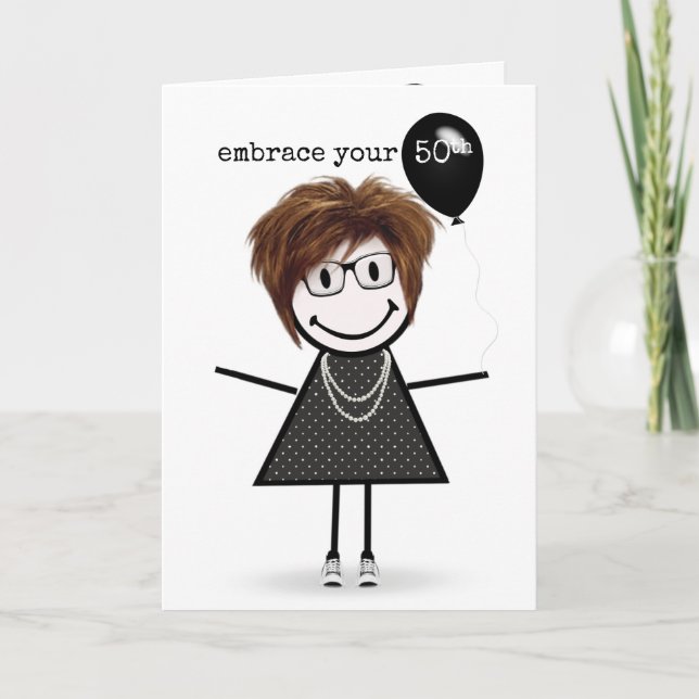 50th Birthday Stick Figure Girl with Balloon   Card (Front)