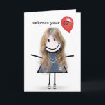 50th Birthday Stick Figure Girl with Red Balloon Card<br><div class="desc">Cute stick figure girl with blonde hair,  sneakers,  denim dress,  pearl necklace,  and red balloon for 50th birthday.
White background colour can be changed.</div>