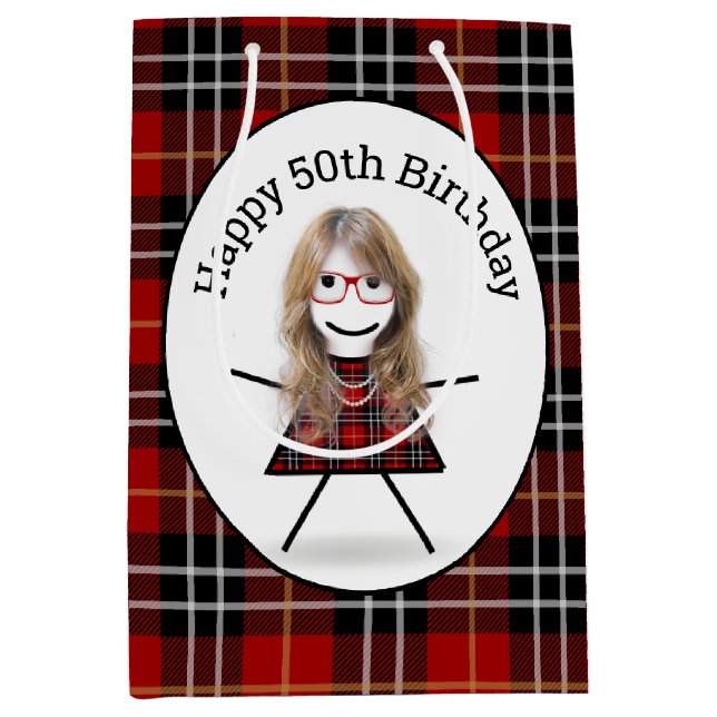 50th Birthday Stick Girl on Tartan Plaid Medium Gift Bag (Front)