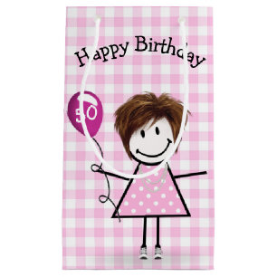 50th Birthday Stick Girl with Pink Balloon Small Gift Bag