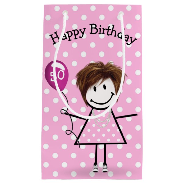 50th Birthday Stick Girl with Pink Balloon  Small Gift Bag (Front)
