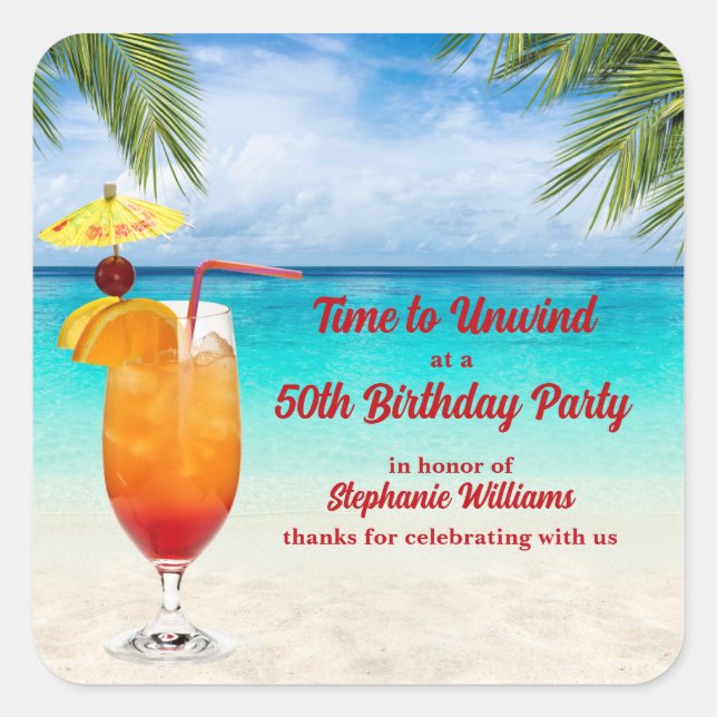 50th Birthday Summer Cocktail Beach Party Square Sticker (Front)