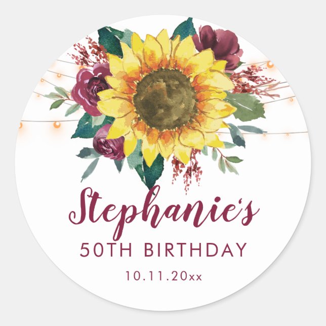 50th Birthday Sunflower Lights Floral Party Classic Round Sticker (Front)