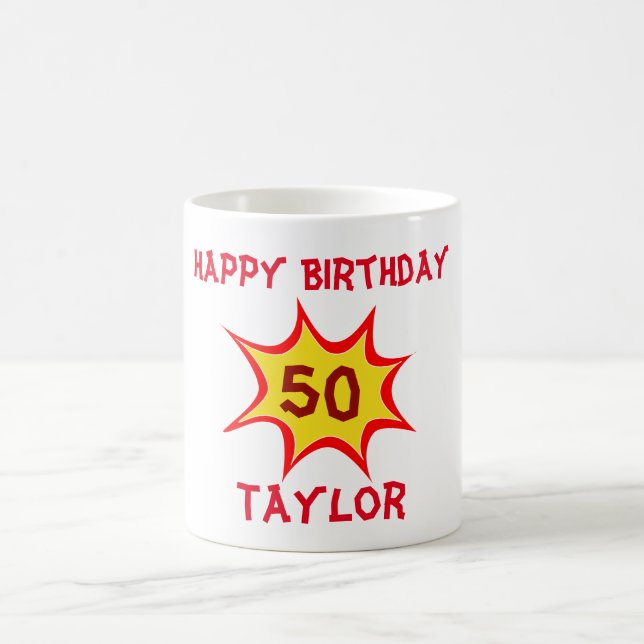 50th Birthday Superhero Theme Coffee Mug (Center)