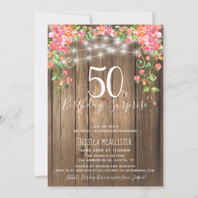 50th Birthday Surprise Brunch Rustic Floral Wood Invitation (Front)