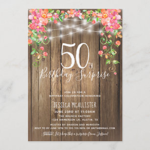 50th Birthday Surprise Brunch Rustic Floral Wood Invitation