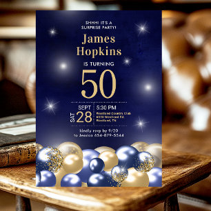 50th Birthday Surprise Navy Blue Gold Balloons Invitation