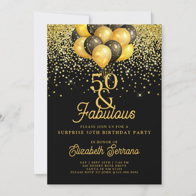 50th Birthday Surprise Party Gold Black Glitter In Invitation (Front)