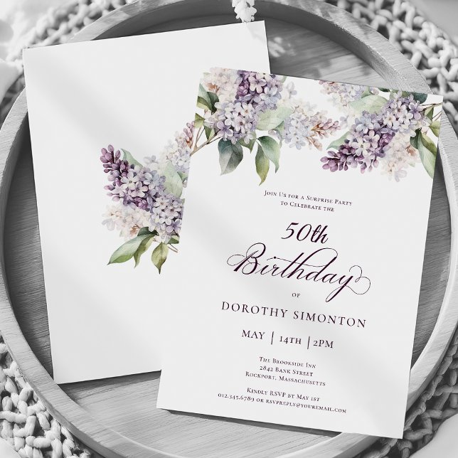 50th Birthday Surprise Party Purple Lilac Flower Invitation (Creator Uploaded)