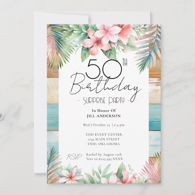 50th Birthday Surprise Party Tropical  Invitation (Front)