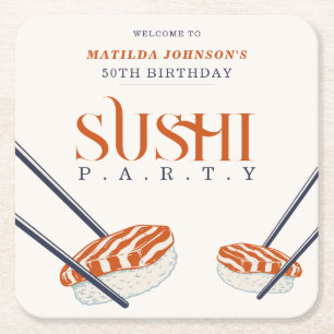 50th Birthday Sushi Party Simple Retro Square Paper Coaster