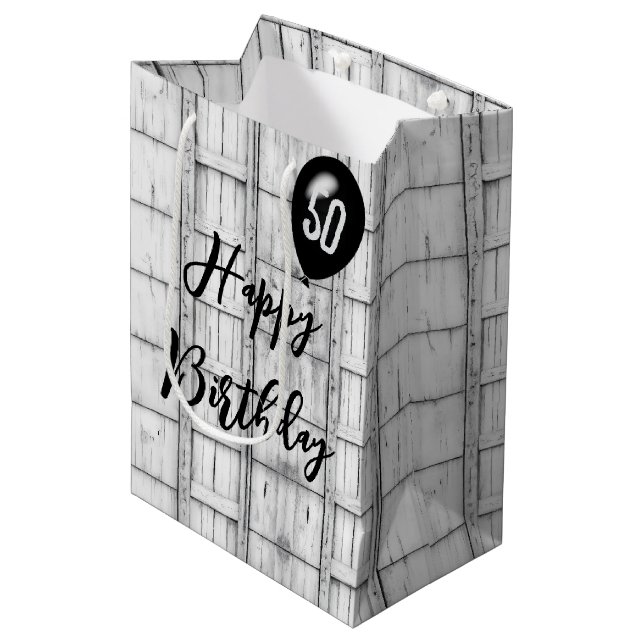 50th Birthday Symmetrical Rustic Wood Pattern Medium Gift Bag (Front Angled)