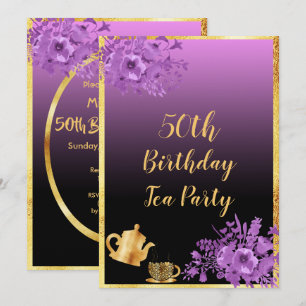 50th birthday tea party invitation black purple