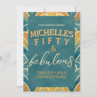 50th Birthday Teal and Gold Art Deco Invitation