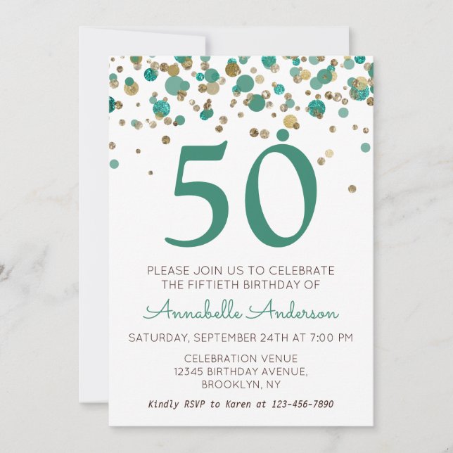 50th Birthday Teal Gold Glitter Sparkle Confetti Invitation (Front)