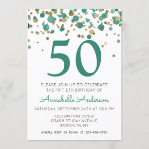 50th Birthday Teal Gold Glitter Sparkle Confetti Invitation