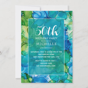50th Birthday Teal Green Alcohol Ink Elegant  Invitation