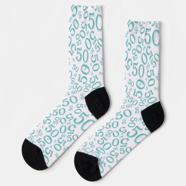 50th Birthday Teal Random Number Pattern Socks (Left)