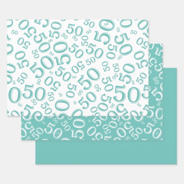 50th Birthday Teal & White Number Pattern 50 Wrapping Paper Sheet (Set)
