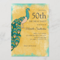 50th Birthday Teal Yellow Watercolor Peacock