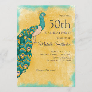 50th Birthday Teal Yellow Watercolor Peacock Invitation