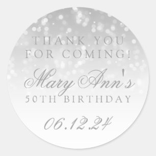 50th Birthday Thank You Silver Bokeh Sparkle Light Classic Round Sticker