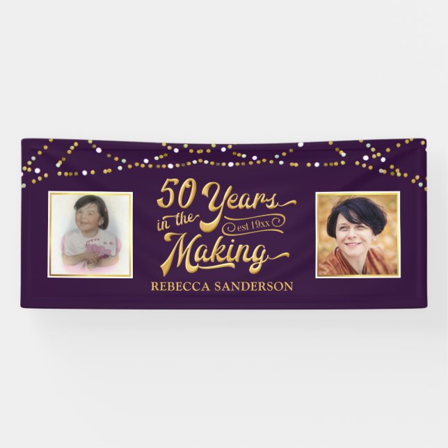 50th Birthday | Then & Now Photos | Purple & Gold Banner (Horizontal)