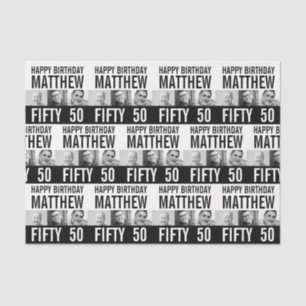 50th birthday three photos black white patterned tissue paper