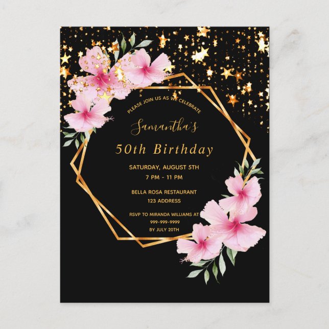 50th birthday tropical black gold stars invitation postcard (Front)