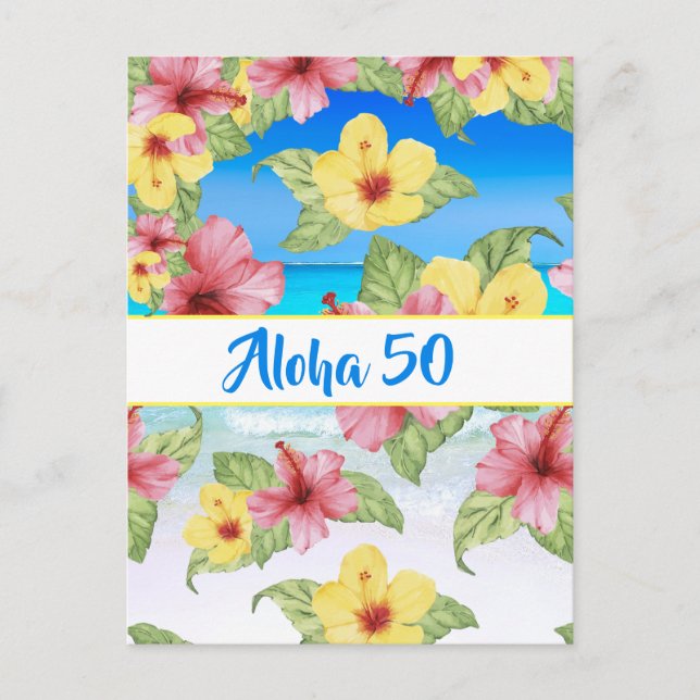 50th Birthday Tropical Flower Aloha 50 Invitation Postcard (Front)