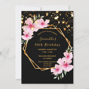 50th birthday tropical geometric black gold stars invitation