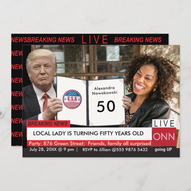 50th Birthday Trump Women's Funny TV News Invitation (Front/Back)