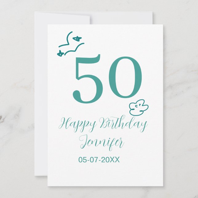 50th birthday turquoise name clouds hand drawn  invitation (Front)