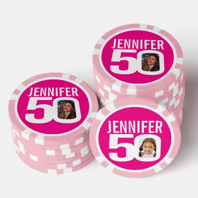 50th birthday two custom photos pink and white poker chips (Stack)