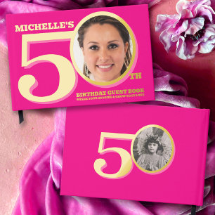 50th birthday two photos hot pink gold guest book