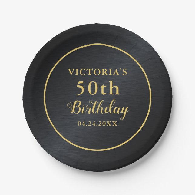 50th Birthday Typography Black and Gold Paper Plate (Front)