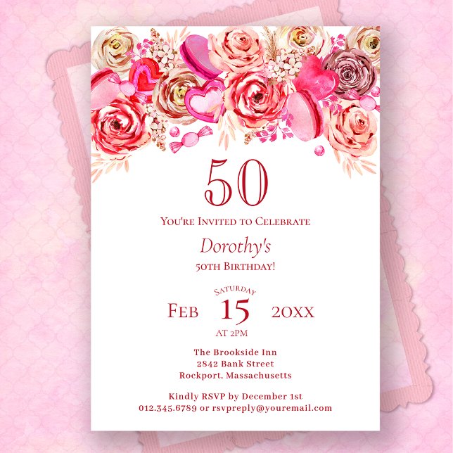 50th Birthday Valentine Pink Rose Swirly Heart Invitation (Creator Uploaded)