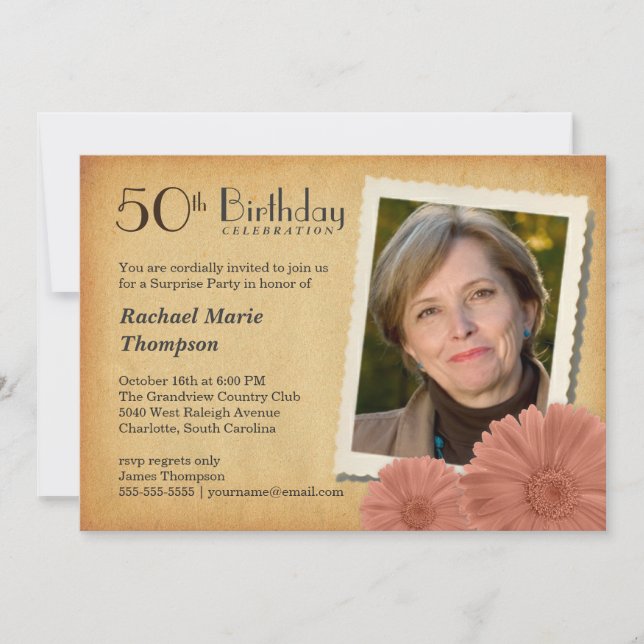 50th Birthday Vintage Daisy Photo Invitations (Front)