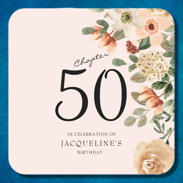 50th Birthday Vintage Floral Square Paper Coaster (Discover how our elegant 50th Birthday Vintage Floral paper coasters can add a personalized touch.)