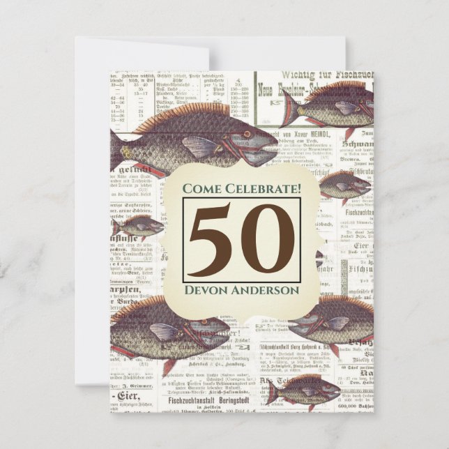 50th Birthday Vintage German Newspaper Fish Invitation (Front)