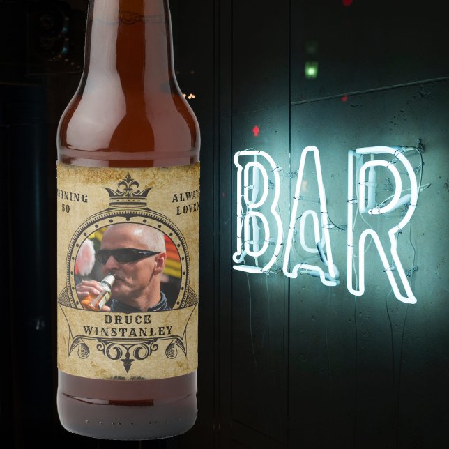 50th Birthday Vintage Photo Template Beer Bottle Label (Creator Uploaded)